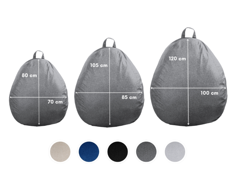 trois taille de pouf poire gris avec palette de couleur