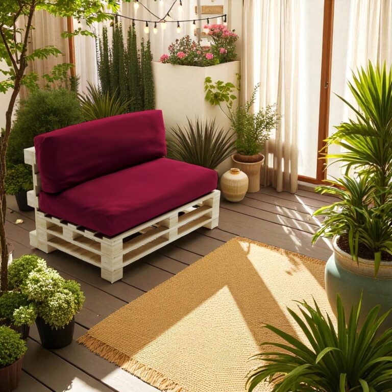 Terrasse avec coussin de palette et des plantes