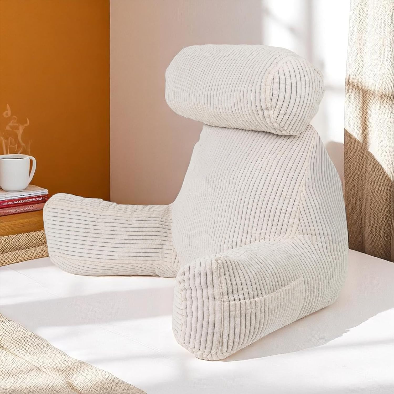 Coussin de lecture déhoussable en velours côtelé blanc cassé