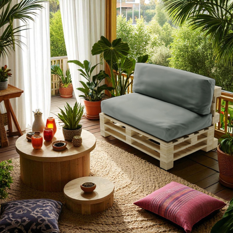 Terrasse style bohème avec coussin palette