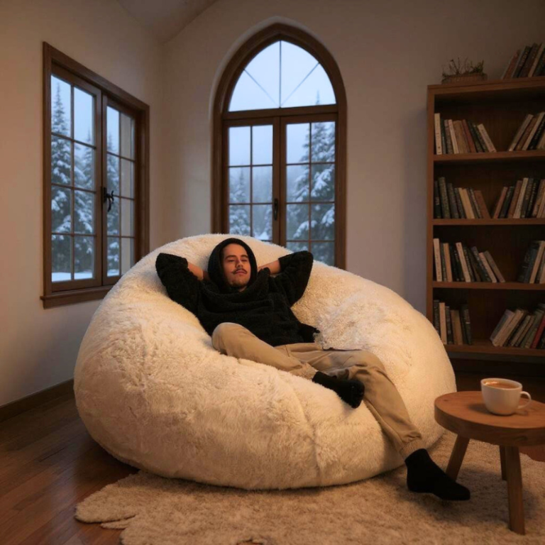 homme qui se detend dans un pouf géant bananair