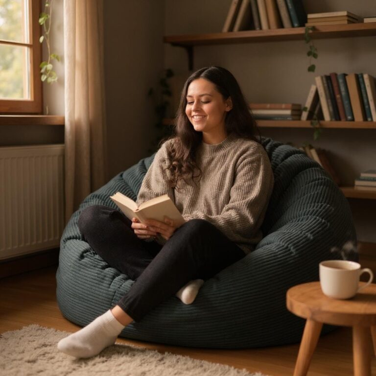 Femme avec un libre sur un pouf velours côtelé bananair