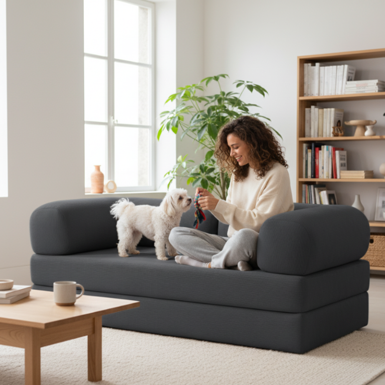 Femme et son chien sur le canapé-lit modulable Bananair