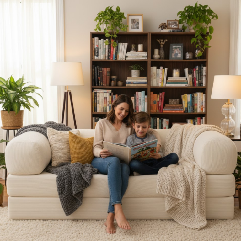 Une maman et son enfant sur le canapé-lit modulable Bananair