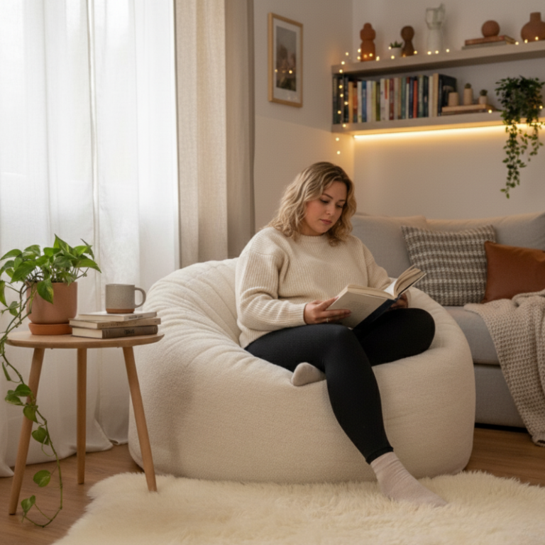 Femme assise sur un pouf bouclette 100 cm bananair