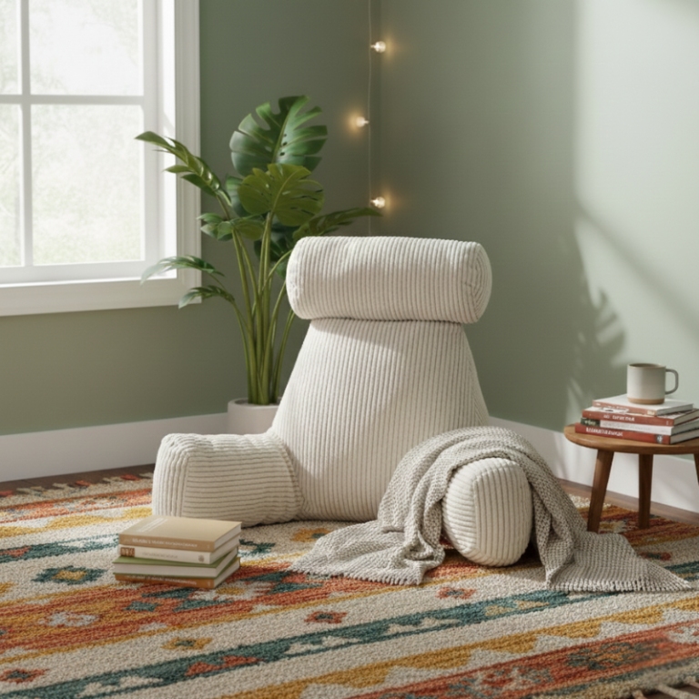 Coussin de lecture en velours côtelé blanc cassé