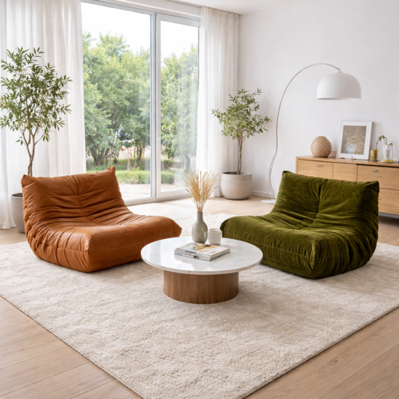 Salon sans canapé avec deux fauteuils togo